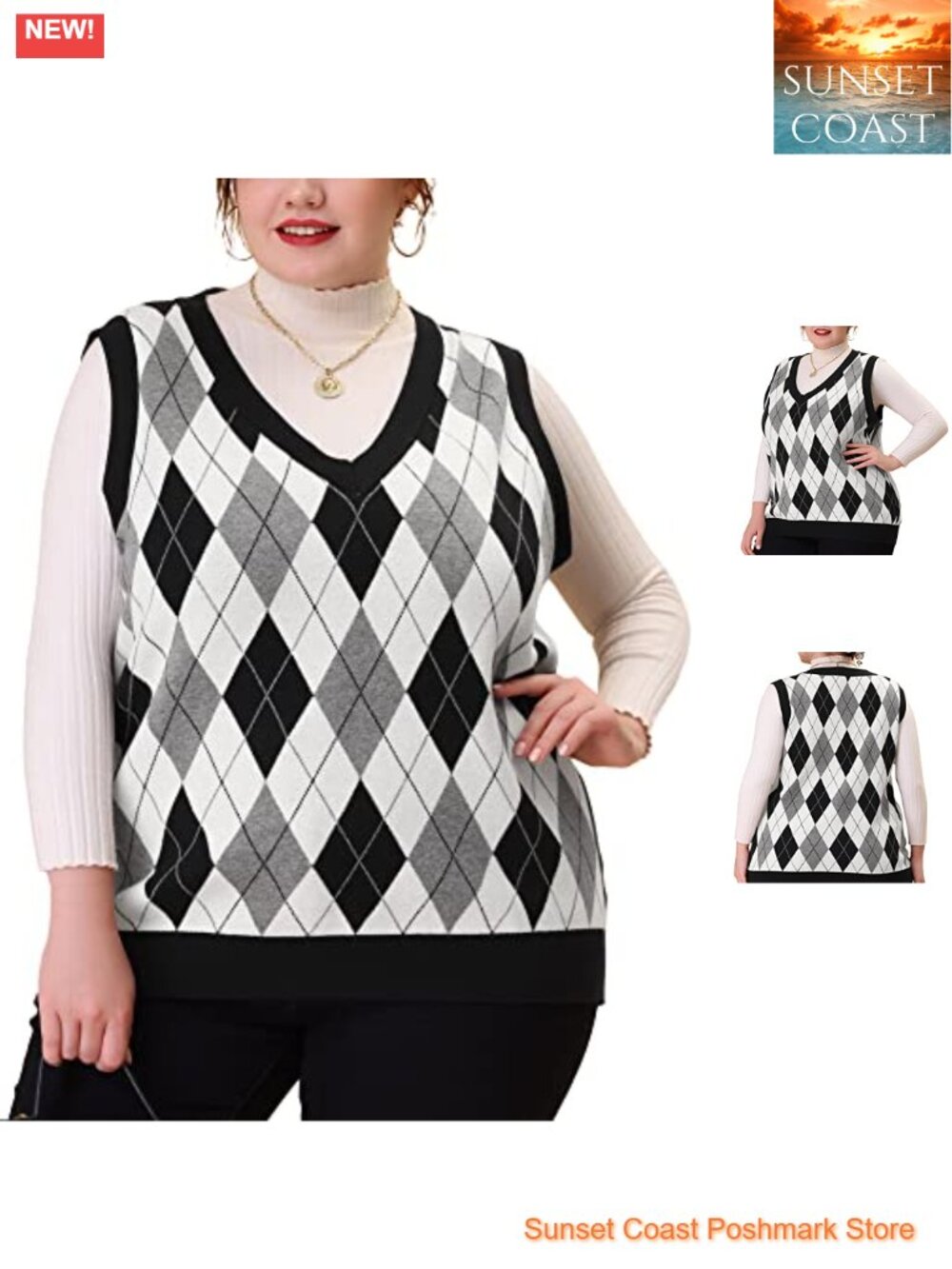 Plus Size Cropped Sweater Vest Cable Knit Plaid Sleeveless Pullover